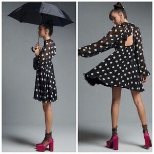 NWOT Anthropologie Maeve Polka Dot Long-Sleeve Sheer Mini Dress Black/White